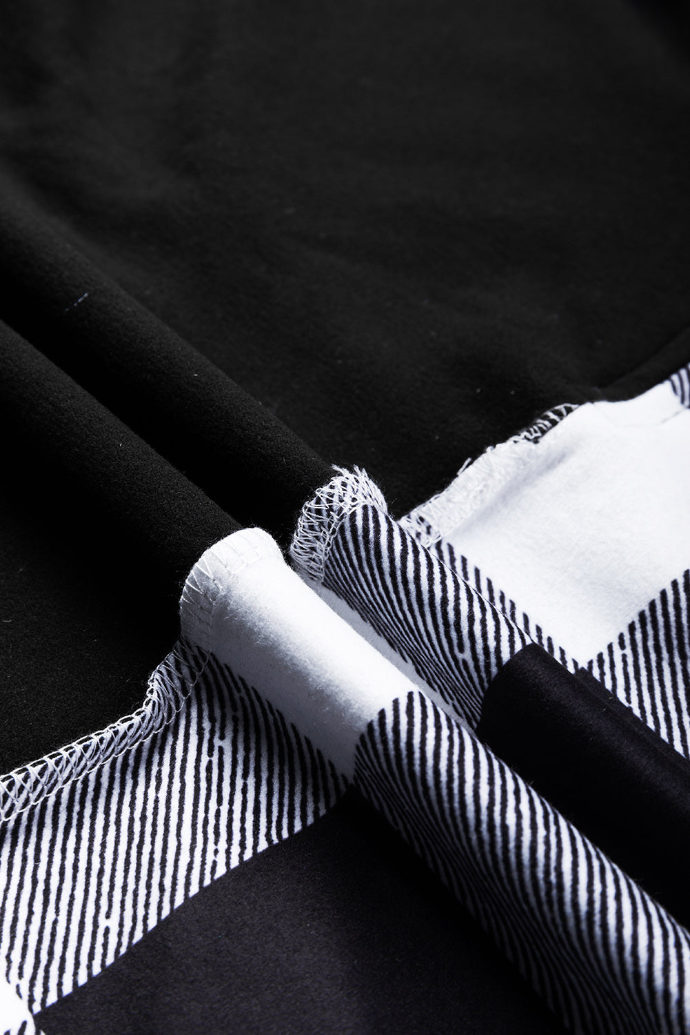 Black Checkboard Patchwork Exposed Stitching Collared Top Long Sleeve Tops JT's Designer Fashion