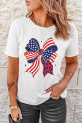 White Stars and Stripes Bow Print 4th of July T Shirt Graphic Tees JT's Designer Fashion