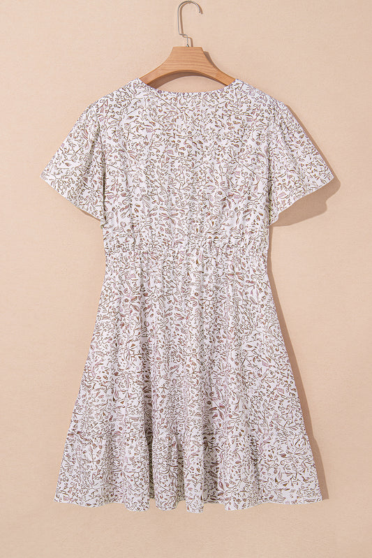 White Floral V Neck Ruffled Short Sleeve Plus Size Dress Plus Size Mini Dresses JT's Designer Fashion