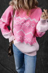 Pink Western Aztec Geometric Drop Shoulder Sweater Sweaters JT's Designer Fashion