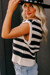 Black Stripe Round Neck Knit Tank Top Sweaters & Cardigans JT's Designer Fashion