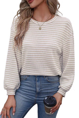 Khaki Stripe Round Neck Drop Shoulder Long Sleeve Top Long Sleeve Tops JT's Designer Fashion