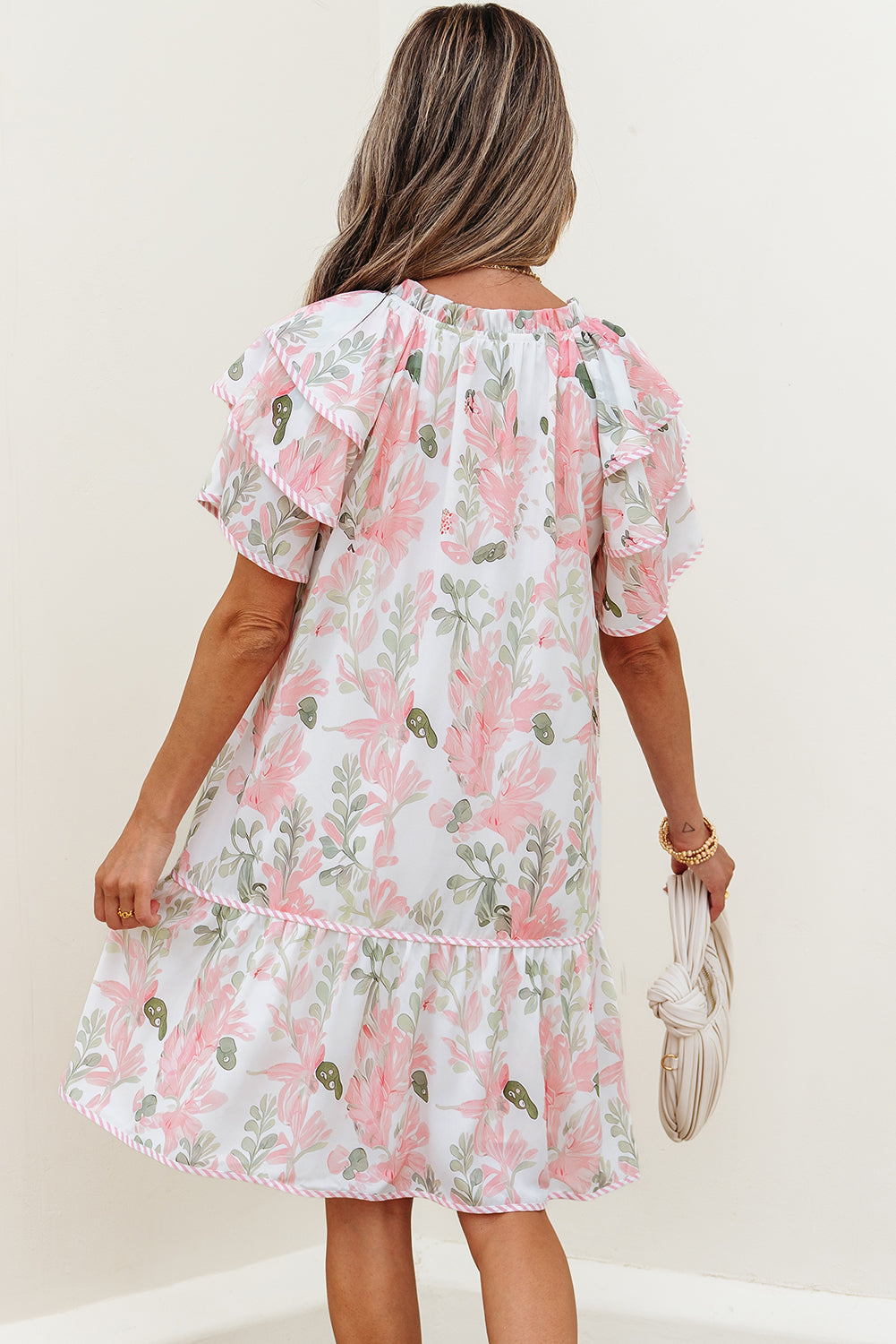 Pink Floral Contrast Edge Layered Short Sleeve Mini Dress Floral Dresses JT's Designer Fashion