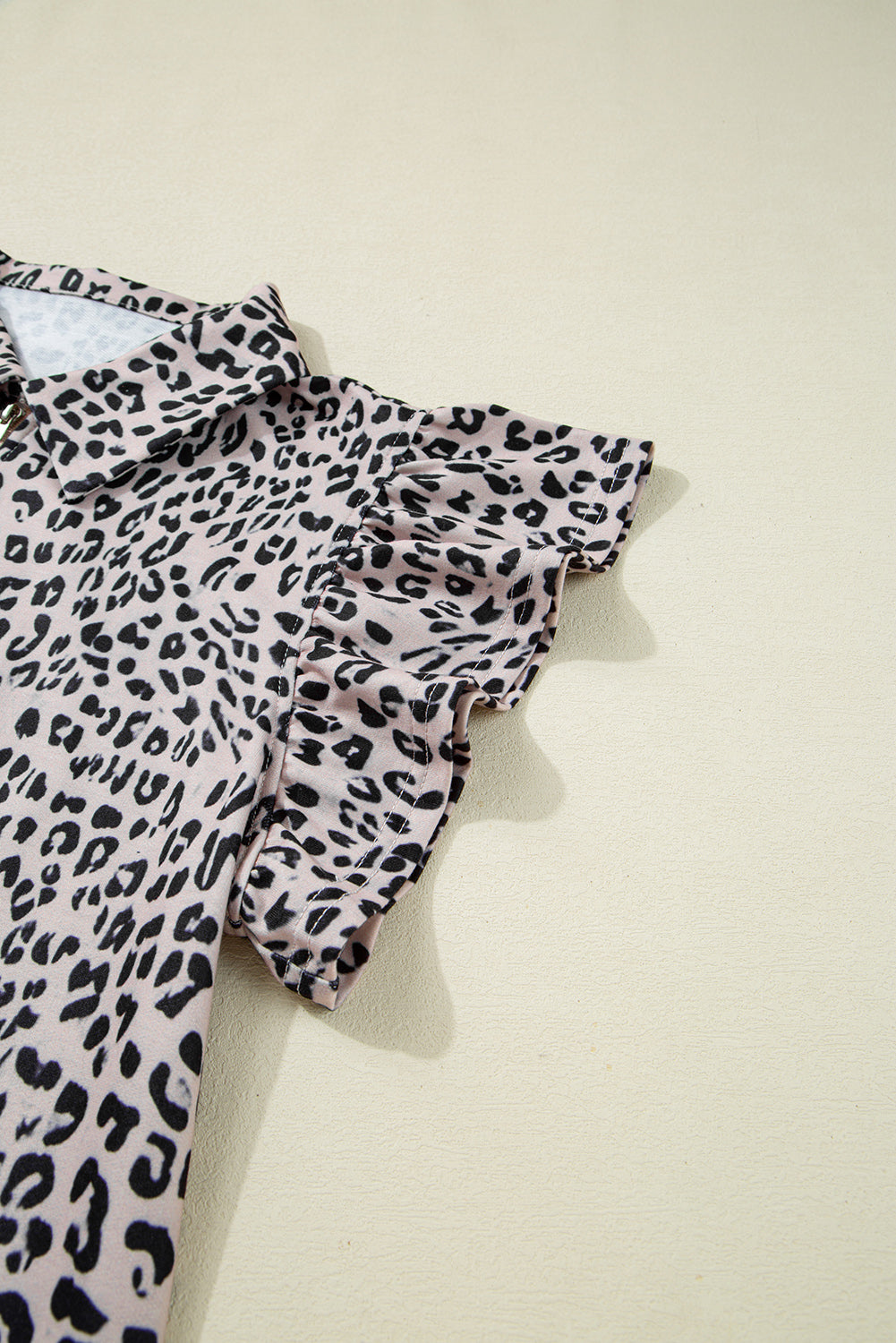 Brown Leopard Half Zipper Collared Ruffled Sleeve Top and Short Set Short Sets JT's Designer Fashion