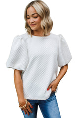 White Solid Textured O Neck Puff Sleeve Blouse Blouses & Shirts JT's Designer Fashion