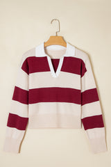 Brown Ribbed Trim Color Block Knitted Polo Collar Sweater Sweaters JT's Designer Fashion