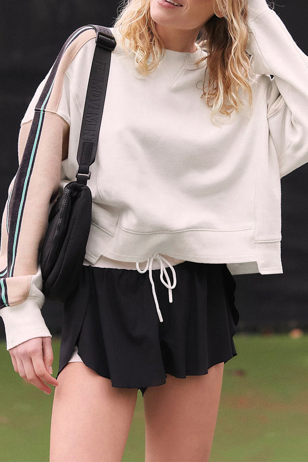 White Striped Color Block Exposed Seam Loose Active Sweatshirt Sweatshirts & Hoodies JT's Designer Fashion