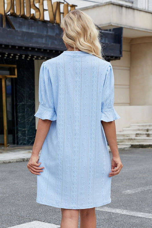 Beau Blue Jacquard Texture Flared Short Sleeve Notched Neck Mini Dress Mini Dresses JT's Designer Fashion