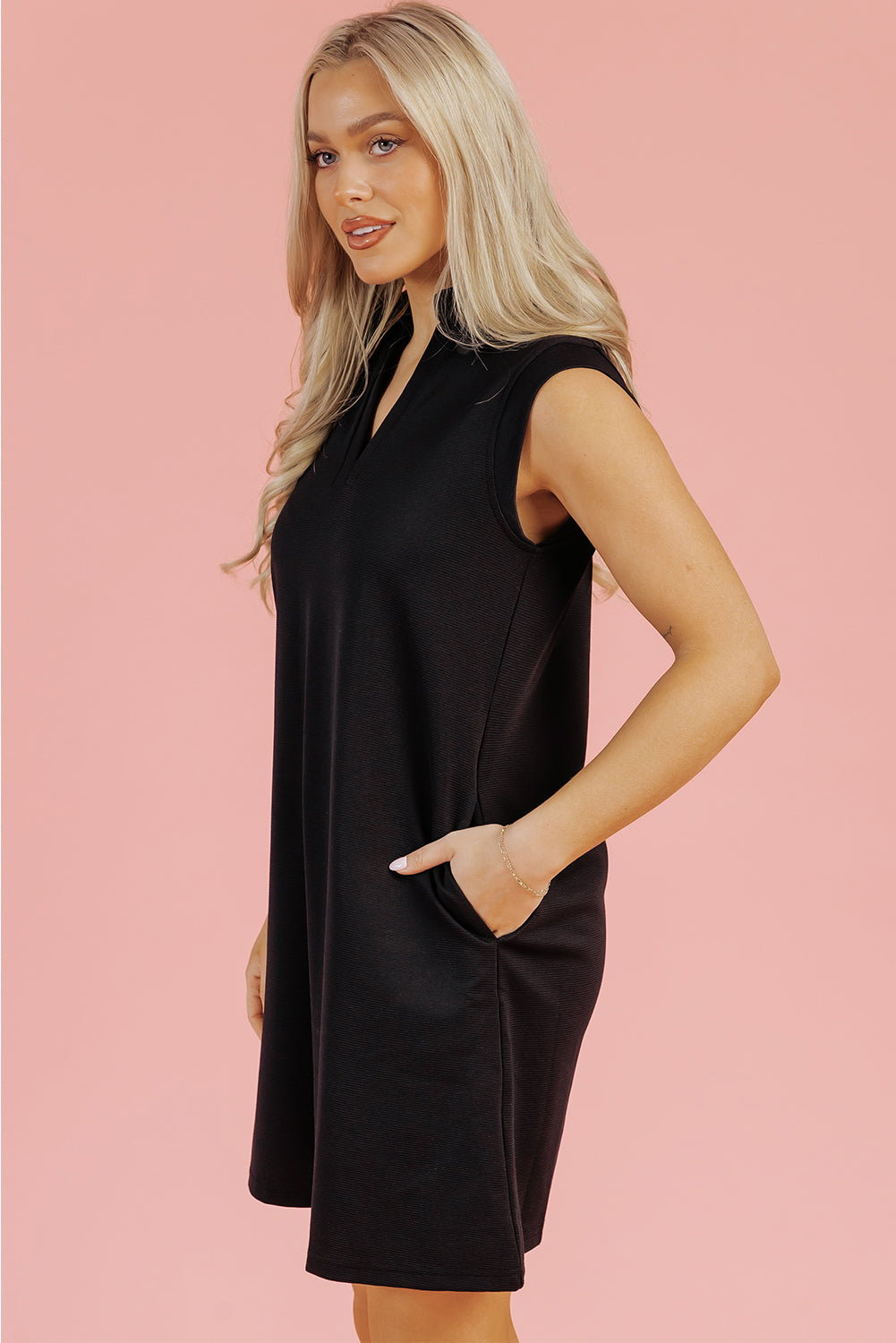 Black Solid Color Collared Slit Neck Sleeveless Mini Dress Mini Dresses JT's Designer Fashion