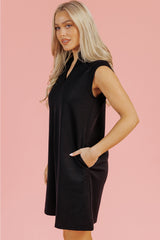 Black Solid Color Collared Slit Neck Sleeveless Mini Dress Mini Dresses JT's Designer Fashion