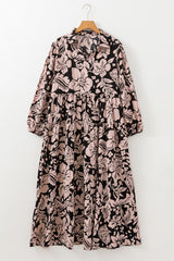 Black Plus Size Floral Printed Puff Sleeve Collared Maxi Dress Plus Size Maxi Dresses JT's Designer Fashion