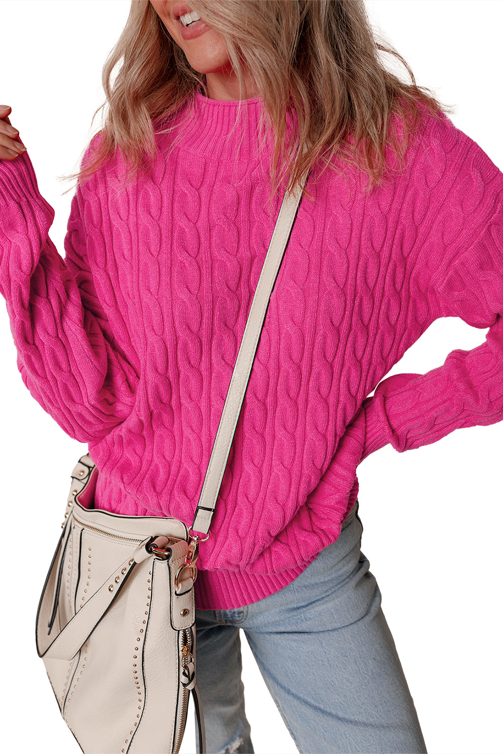 Rose Red Solid Cable Knit High Neck Drop Shoulder Sweater Sweaters JT's Designer Fashion