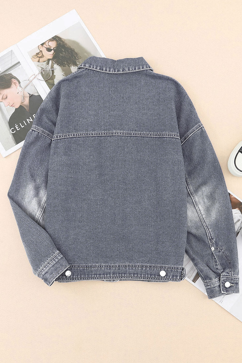 Gray Chest Pockets Drop Shoulder Loose Denim Jacket Denim Jackets JT's Designer Fashion