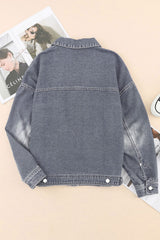 Gray Chest Pockets Drop Shoulder Loose Denim Jacket Denim Jackets JT's Designer Fashion