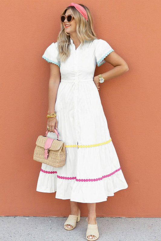 White Colorblock Rickrack Trim Short Sleeve Drawstring Waist Long Dress Maxi Dresses JT's Designer Fashion