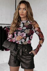 Pink Mesh Floral Print Mock Neck Long Sleeve Slim Top Long Sleeve Tops JT's Designer Fashion