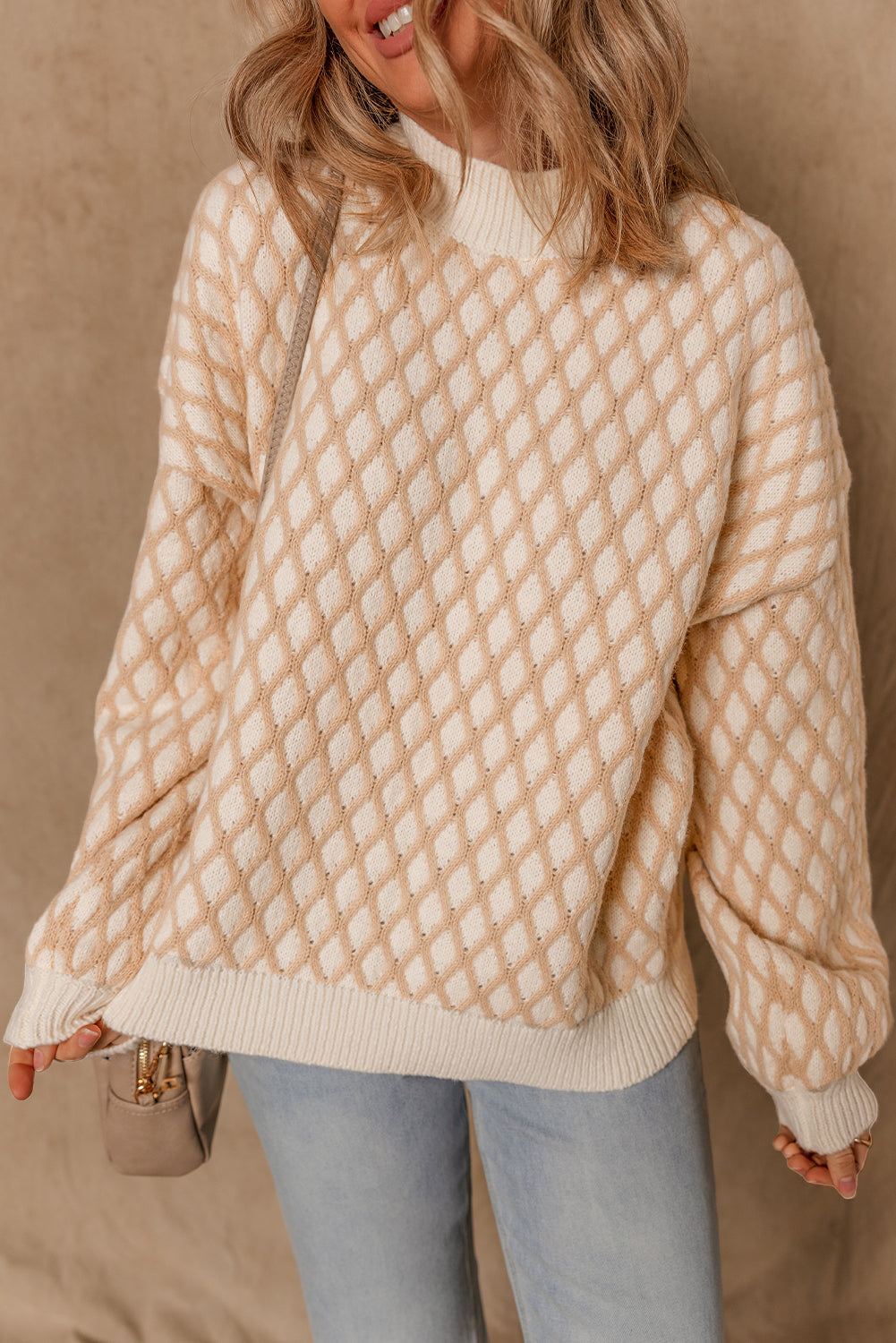 Smoke Gray Rhombus Textured Knit Mock Neck Sweater Smoke Gray 65%Acrylic+35%Polyamide Sweaters JT's Designer Fashion
