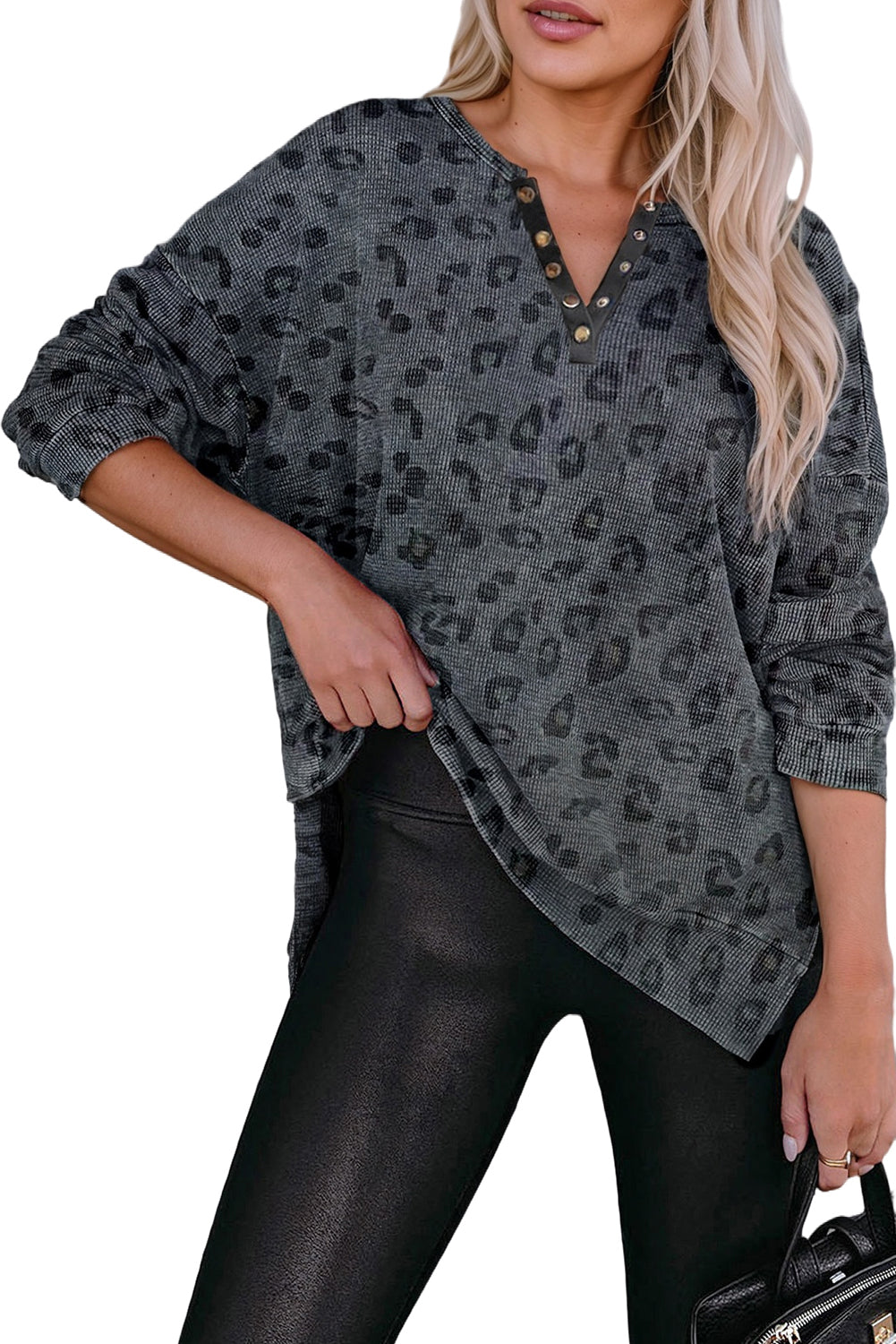 Gray Leopard Print Button Split Neck Waffle Sweatshirt Sweatshirts & Hoodies JT's Designer Fashion