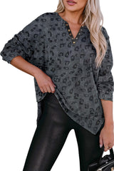 Gray Leopard Print Button Split Neck Waffle Sweatshirt Sweatshirts & Hoodies JT's Designer Fashion