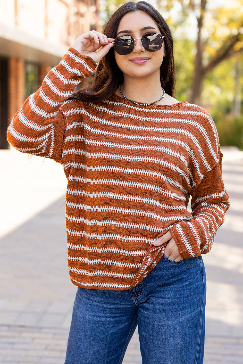 Brown Stripe Drop Shoulder Casual Sweater Brown Stripe 100%Acrylic Sweaters JT's Designer Fashion