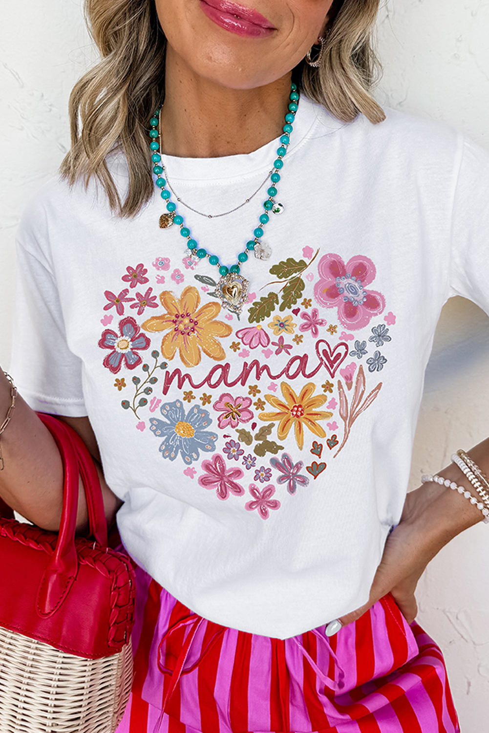 White MAMA Flower Heart Cotton Blend Graphic Tee Graphic Tees JT's Designer Fashion