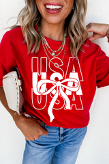 Red USA Bow Printed Casual Cotton Blend T Shirt Graphic Tees JT's Designer Fashion