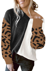 Leopard Print Contrast Color V Neck Sweater Sweaters & Cardigans JT's Designer Fashion