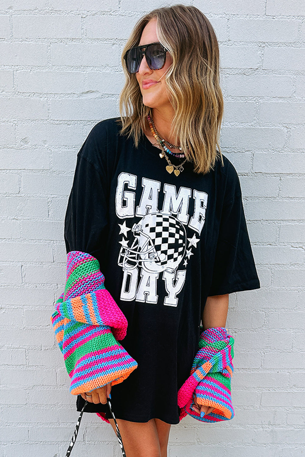 Black GAME DAY Checkerboard Rugby Football Helmet T Shirt Graphic Tees JT's Designer Fashion