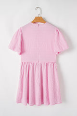 Bonbon Textured Bubble Sleeve High Waist Mini Dress Mini Dresses JT's Designer Fashion