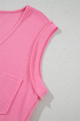Bright Pink Waffle Textured Button Round Neck A-line Tiered Sleeveless Dress Mini Dresses JT's Designer Fashion