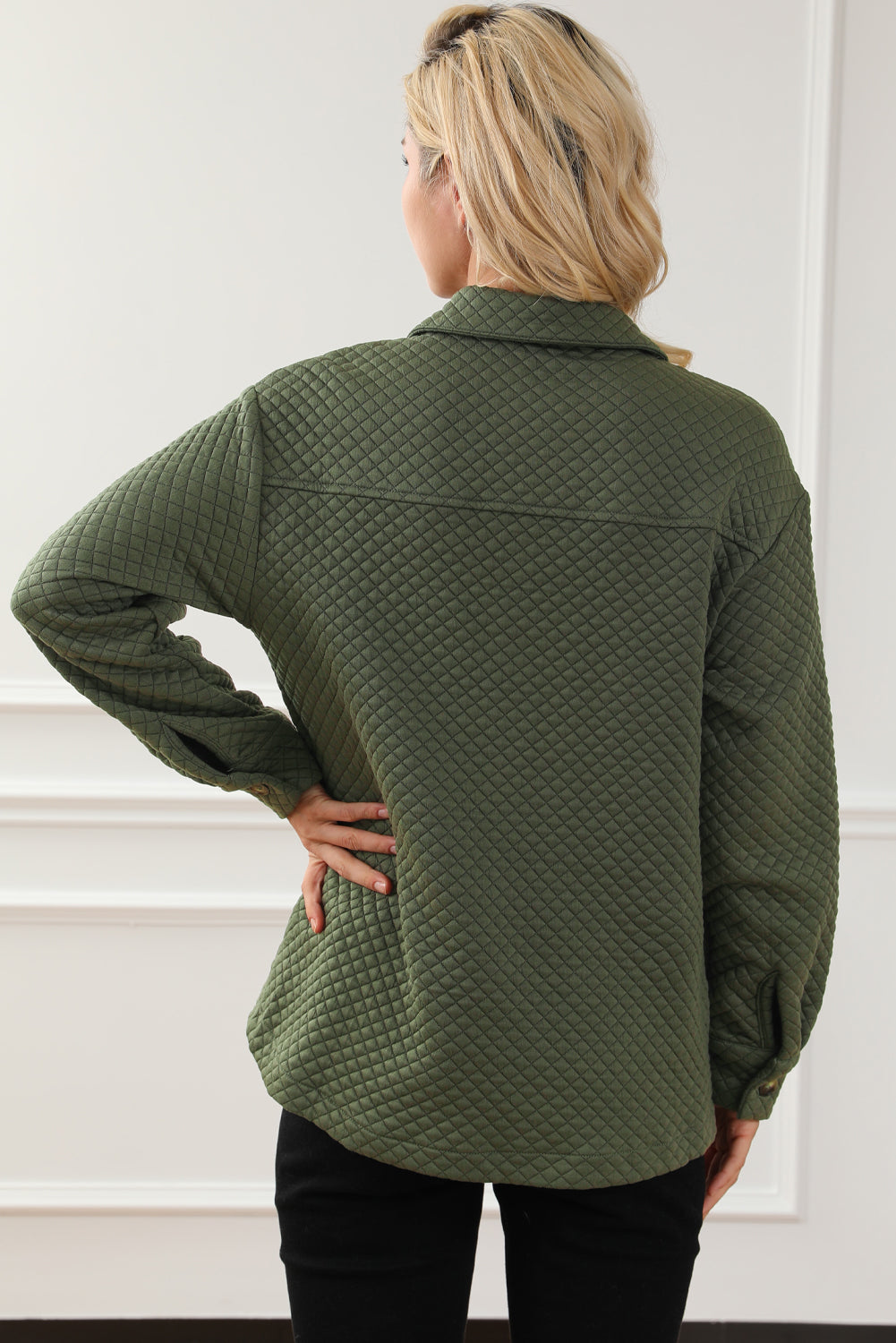 Green Retro Quilted Flap Pocket Button Shacket Jackets JT's Designer Fashion
