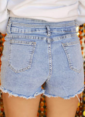 Beau Blue Rhinestone Light Wash Raw Hem High Waist Denim Shorts Denim Shorts JT's Designer Fashion