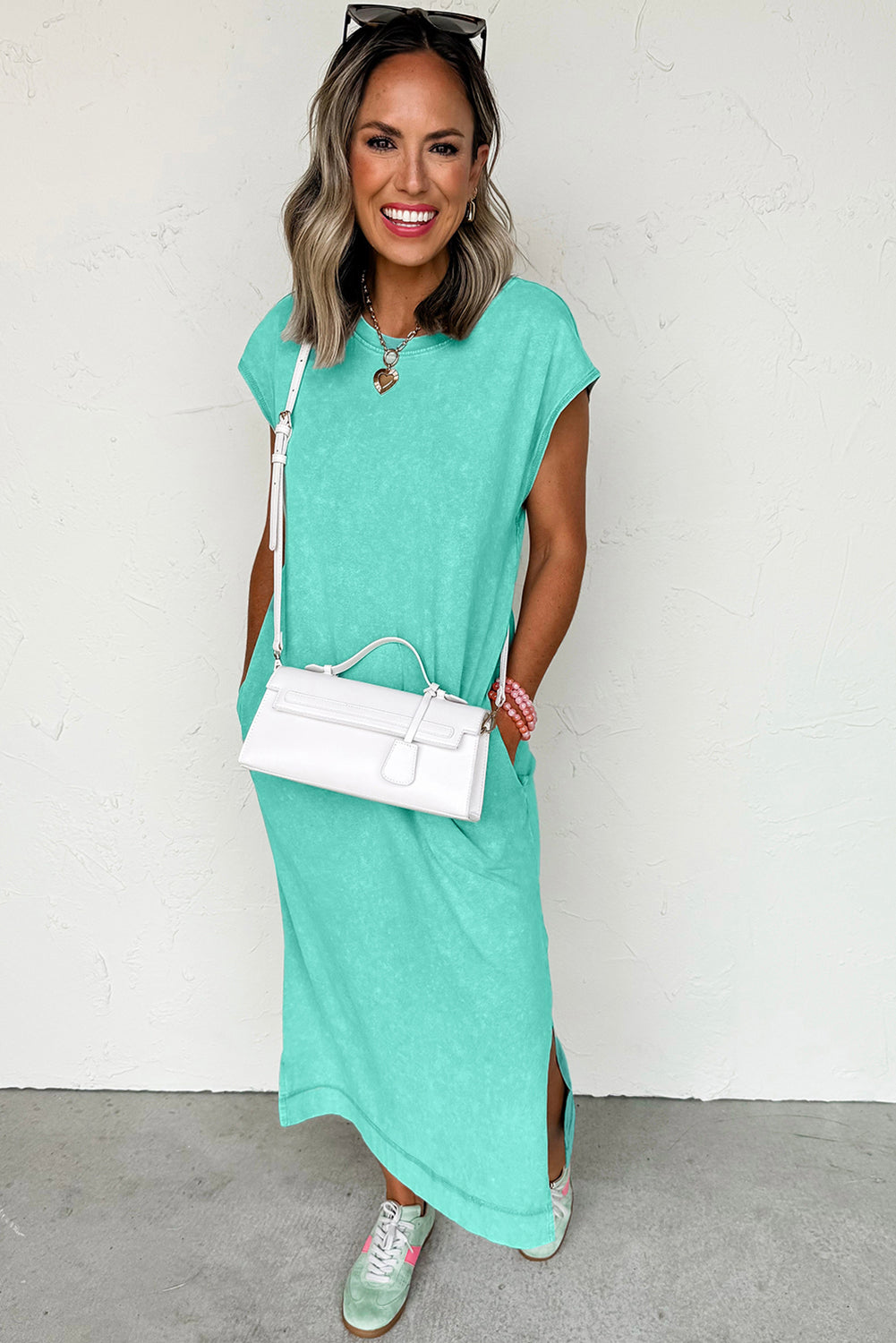 Clearly Aqua Mineral Wash Pocketed T-shirt Long Dress T Shirt Dresses JT's Designer Fashion