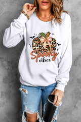 Beige Spooky Leopard Pumpkin Print Crew Neck Sweatshirt Graphic Sweatshirts JT's Designer Fashion