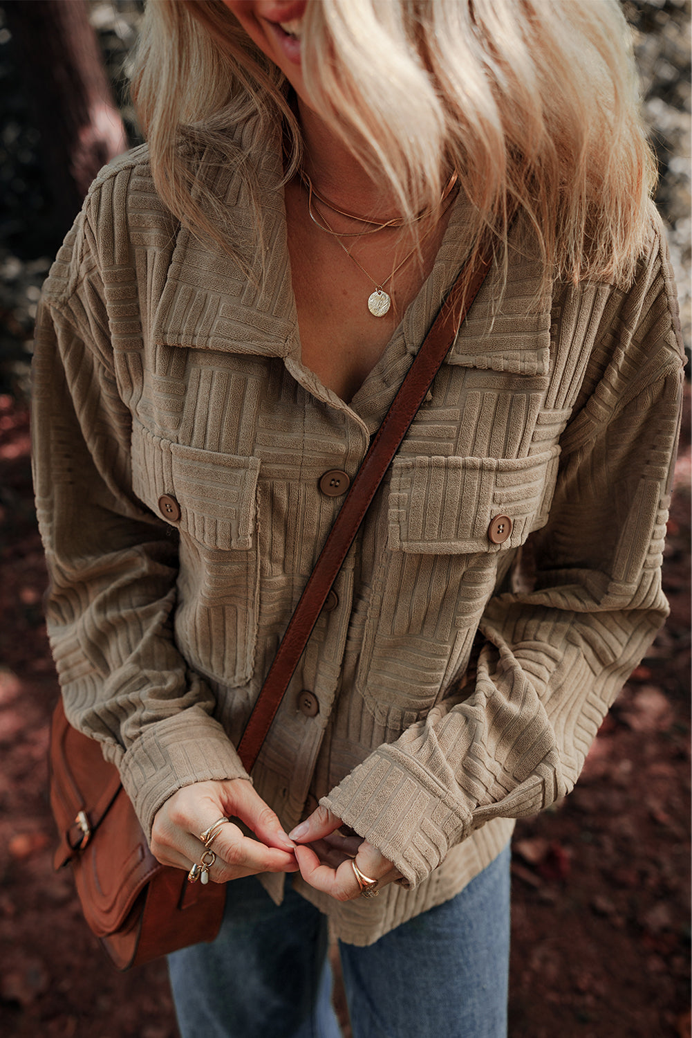 Dark Khaki Textured Chest Pocket Button-up Shacket Jackets JT's Designer Fashion