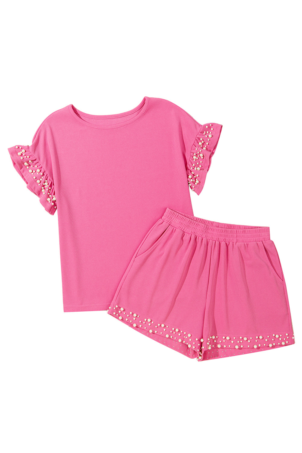 Bright Pink Textured Pearled Ruffle Sleeve Top 2 Piece Shorts Set Short Sets JT's Designer Fashion