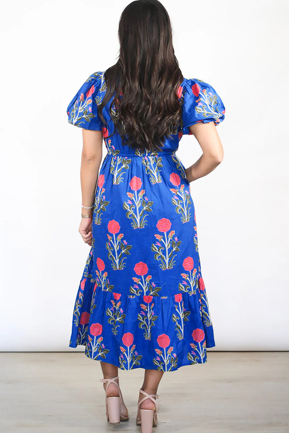 Sky Blue Floral Puff Short Sleeve V Neck High Waist Maxi Dress Floral Dresses JT's Designer Fashion