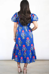 Sky Blue Floral Puff Short Sleeve V Neck High Waist Maxi Dress Floral Dresses JT's Designer Fashion