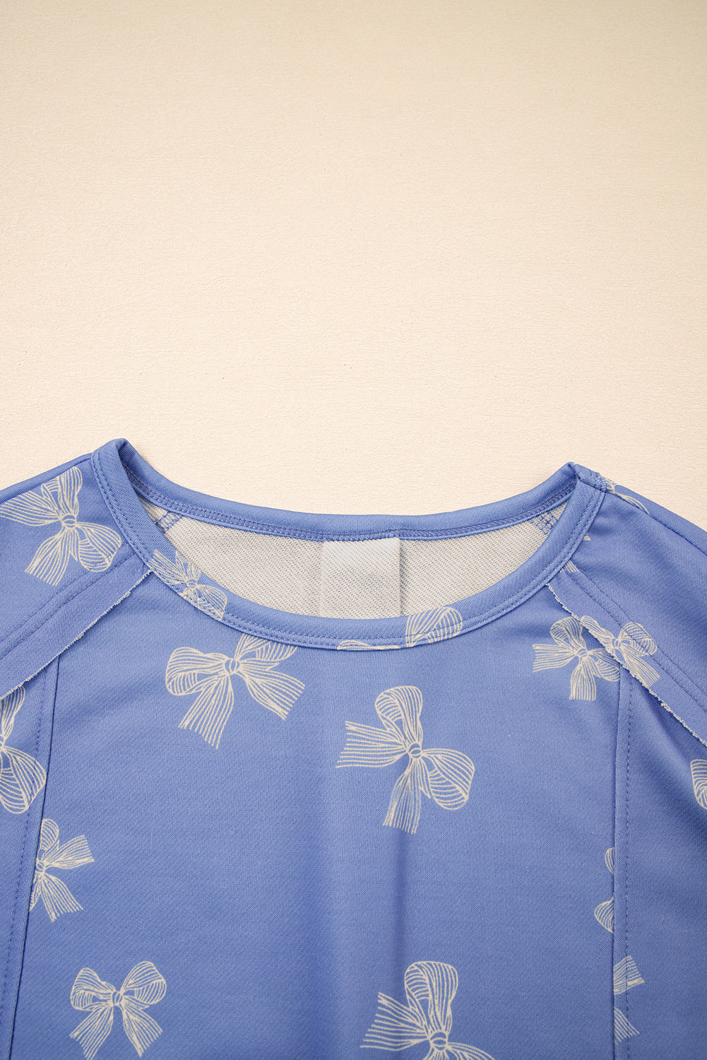 Sky Blue Bow Knot Print Crewneck Ruffled Sleeve Shift Mini Dress Dresses JT's Designer Fashion