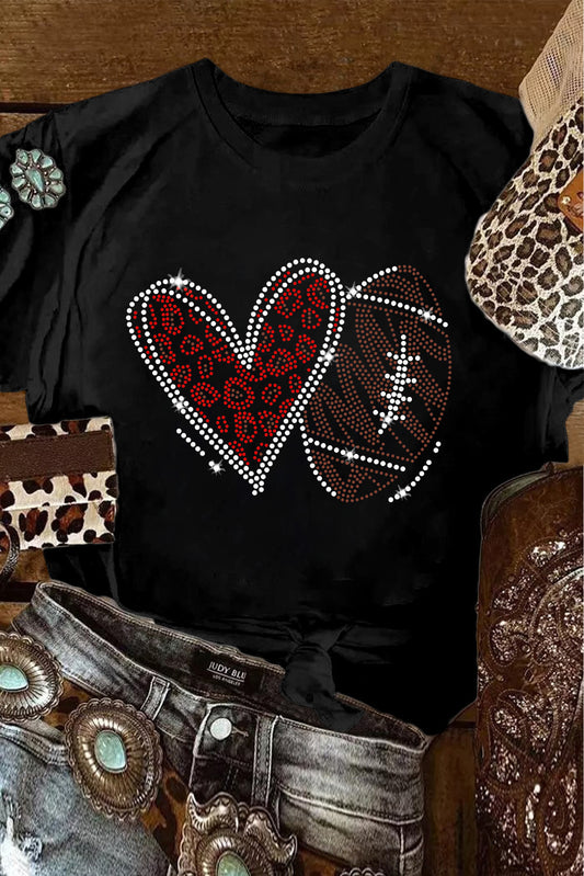 Black Rhinestone Rugby Heart Shape Graphic Crewneck T Shirt Graphic Tees JT's Designer Fashion