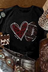 Black Rhinestone Rugby Heart Shape Graphic Crewneck T Shirt Graphic Tees JT's Designer Fashion