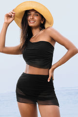 Black Pleated Mesh One Shoulder Bikini Top and Skirts Set Bikinis JT's Designer Fashion