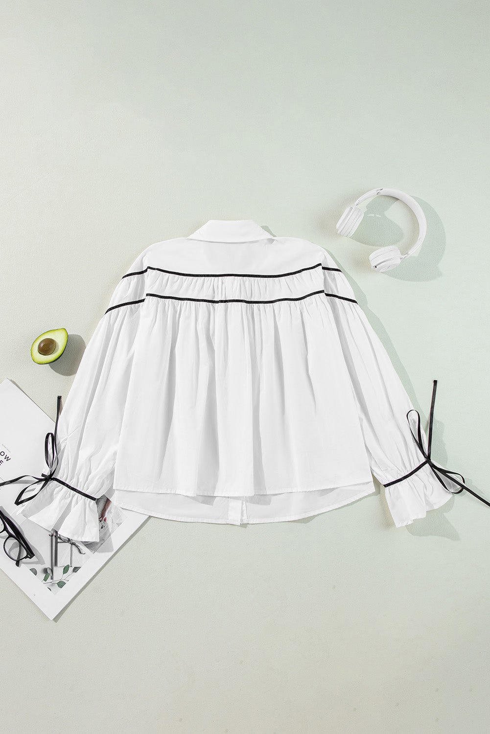 White Black Pipping Ribbon Bowtie Collared Ruffled Puff Sleeve Shirt Blouses & Shirts JT's Designer Fashion