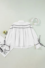 White Black Pipping Ribbon Bowtie Collared Ruffled Puff Sleeve Shirt Blouses & Shirts JT's Designer Fashion