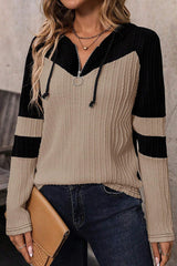 Parchment Textured Colorblock Long Sleeve Quarter Zip Drawstring Hooded Top Long Sleeve Tops JT's Designer Fashion