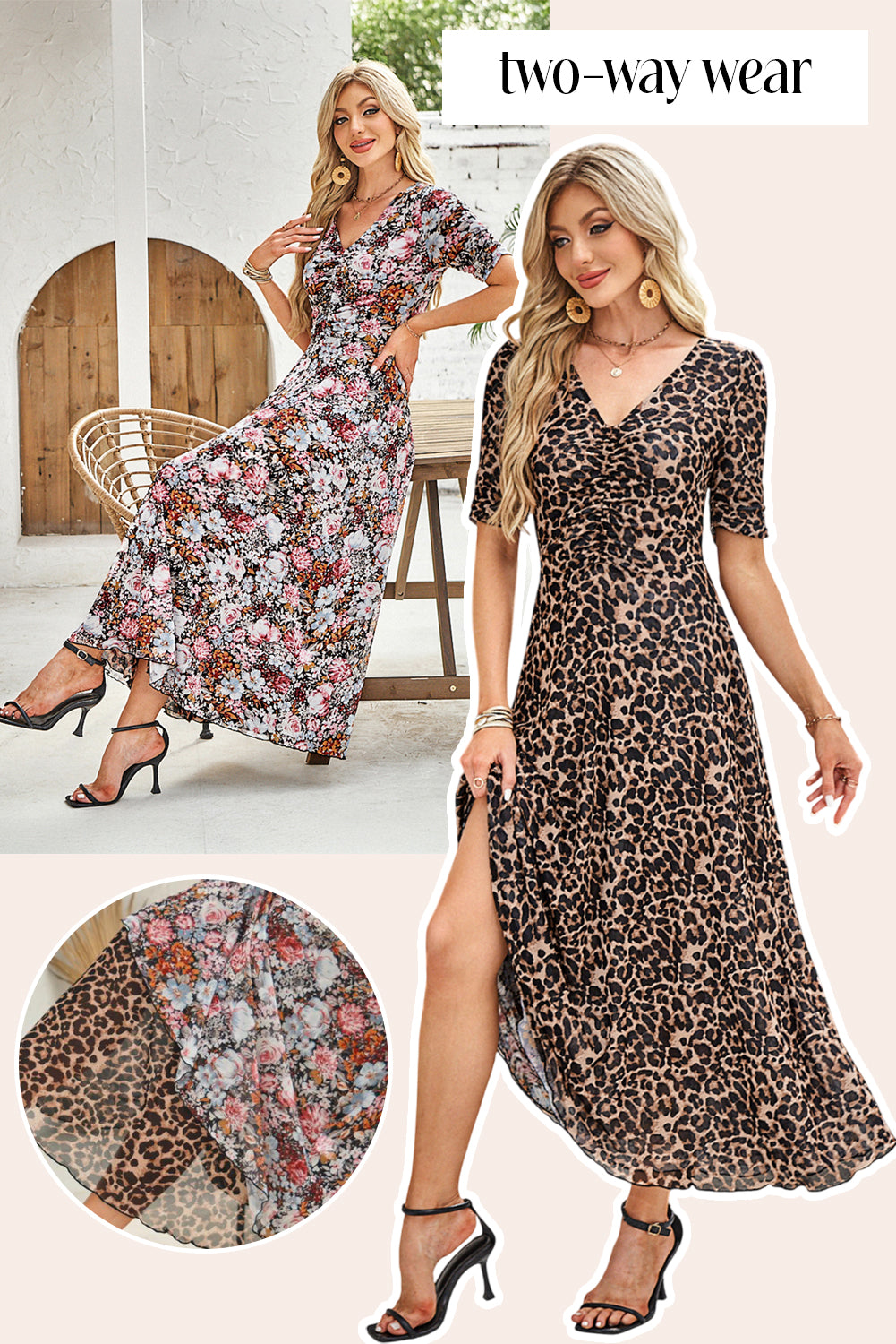 Brown Mesh Leopard Floral Reversible V Neck Short Sleeve Dress Dresses JT's Designer Fashion