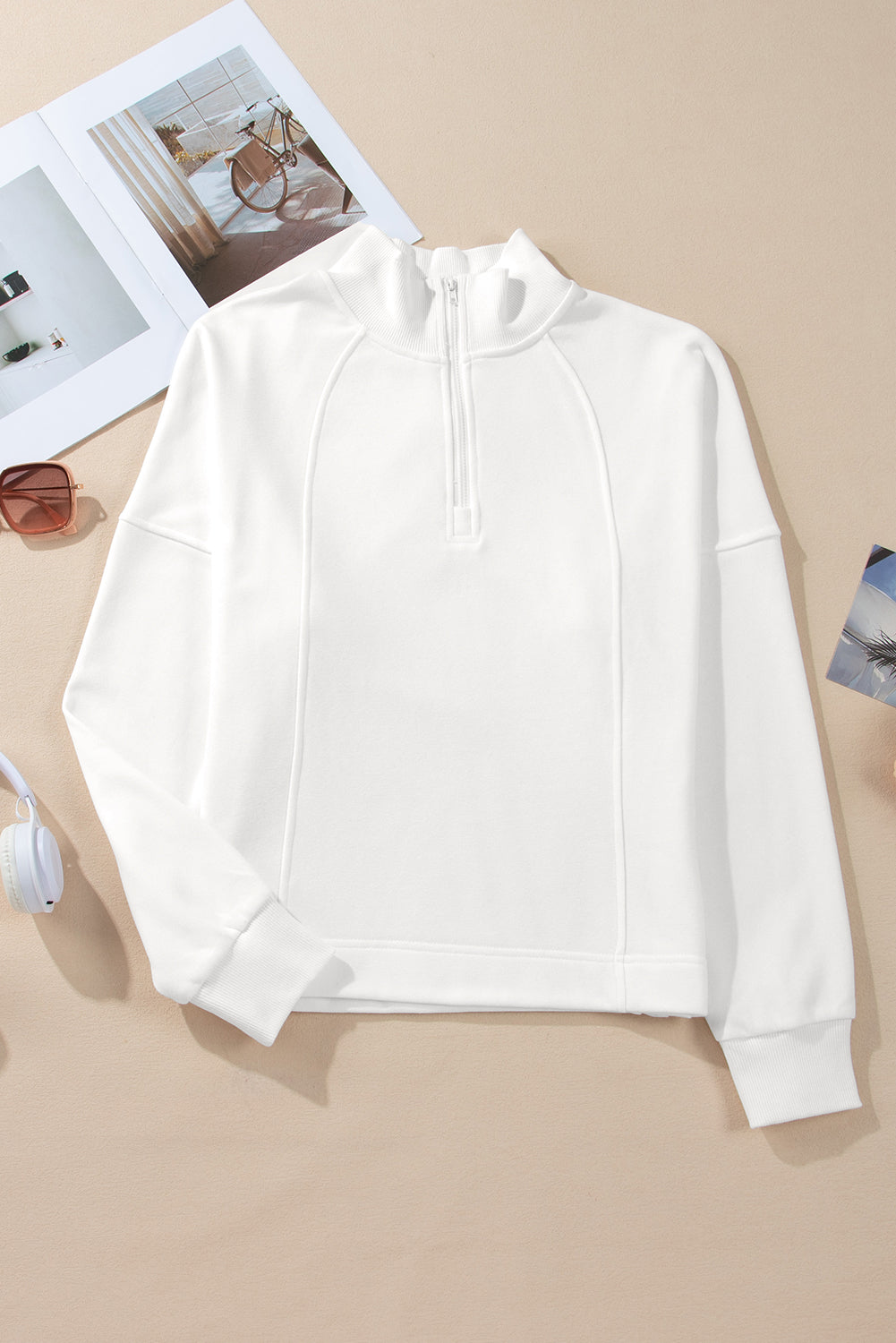 White Zipped Neck Pullover Drop Shoulder Sweatshirt Sweatshirts & Hoodies JT's Designer Fashion