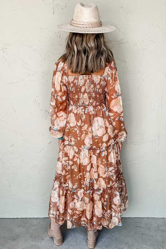 Brown Floral Print Shirred Square Neck High Waist Long Dress Maxi Dresses JT's Designer Fashion