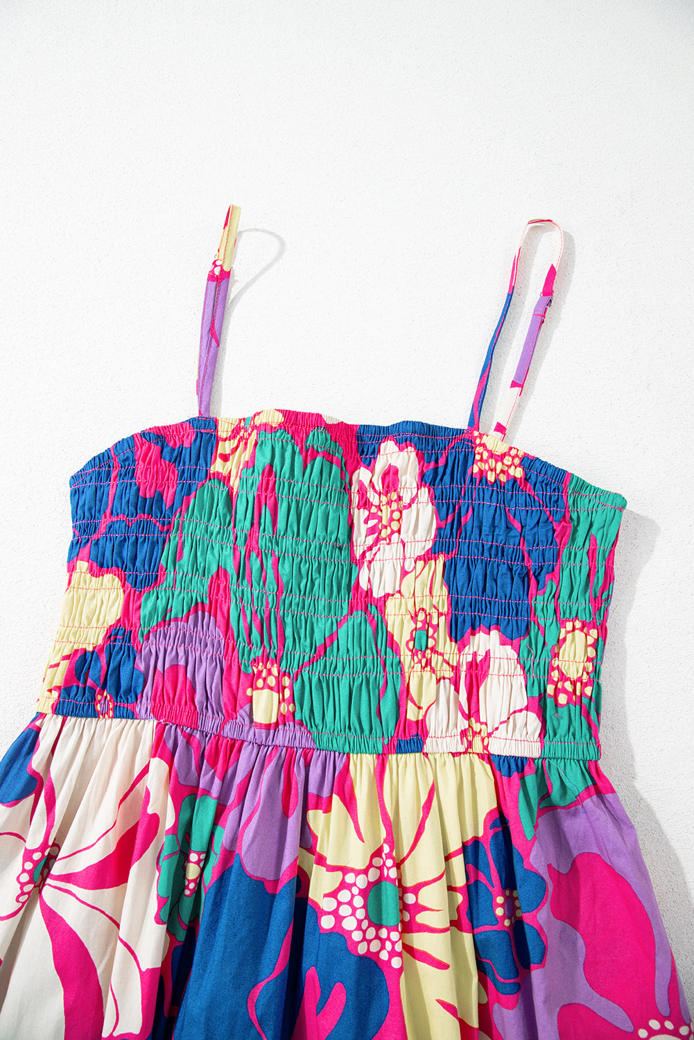 Purple Floral Print Shirred Spaghetti Strap Loose Long Dress Maxi Dresses JT's Designer Fashion