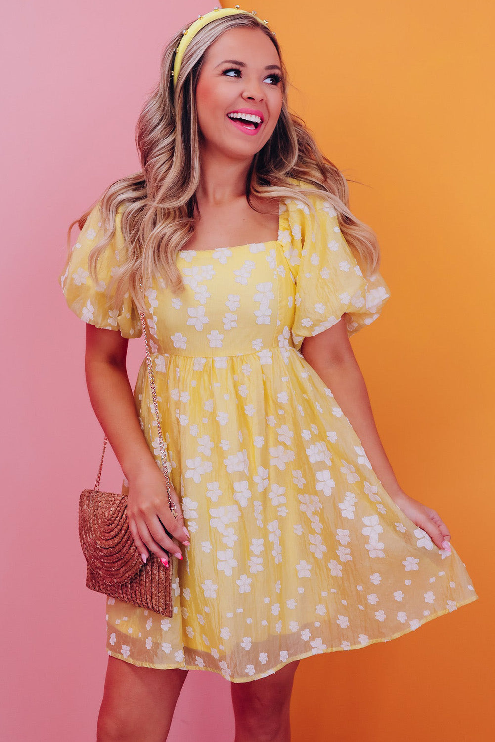 Yellow Boho Flower Jacquard Puff Sleeve Square Neck Mini Dress Floral Dresses JT's Designer Fashion